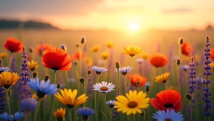 Fototapeta premium A vibrant field of wildflowers in full bloom under a golden sunset sky, with a variety of colors like red poppies, blue cornflowers, yellow daisies, and purple lavender, gently swaying in the breeze. 