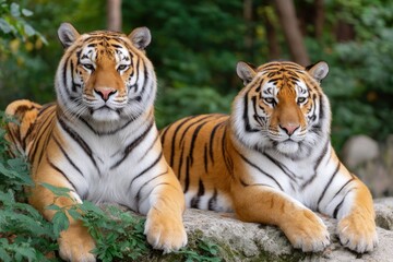 Fototapeta premium Majestic Siberian tigers rest on a rock face.