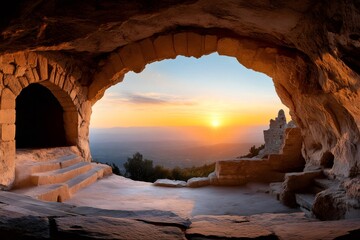 Breathtaking sunset over valley seen from ancient cave in Sainte-Victoire mountain