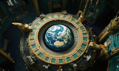 Obraz premium Global clockwork mechanism, ornate architecture, Earth at center, futuristic background; conceptual art