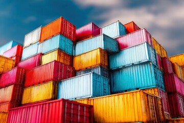 Fototapeta premium Stacked shipping containers against a cloudy sky symbolize global trade, logistics, and the movement of goods. The colorful containers represent various origins and destinations.