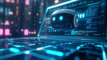 Obraz premium Chatbot and AI conversation interface hovering above a modern laptop with digital icons on a neon blue background