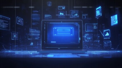 Glowing AI chat interface projecting from a laptop screen, surrounded by digital communication elements in blue light