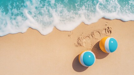 Obraz premium Holiday summer adventure with beach ball and sand play, aerial view of sharply defined beach balls on intricate sand art, bright skylight from a clear sky casting delicate sand shadows, vibrant