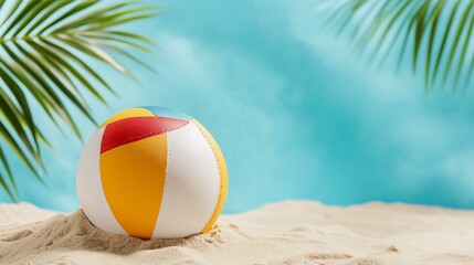 Obraz premium Holiday summer scene with beach ball and sand play, close-up of a beach ball with fine stitching on sculpted sand, radiant sky glow under palm shades casting soft castle shadows, tropical play,