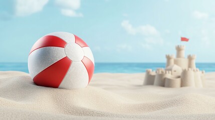 Obraz premium Holiday summer vibe with beach ball and sand play, detailed beach ball with shiny mosaic designs near a sand castle, radiant natural light from a cloudy sky casting realistic ball shadows, tropical