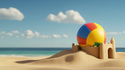 Obraz premium Holiday summer scene with beach ball and sand play, sharply detailed colorful beach ball on a textured sandcastle, vibrant skylight from a clear blue sky casting crisp ball shadows, tropical