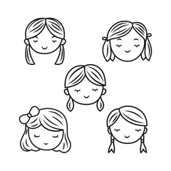 Obraz premium Set of Beautiful People Girl Face Character with Coiffure Hairstyle Hair in Line Art Style
