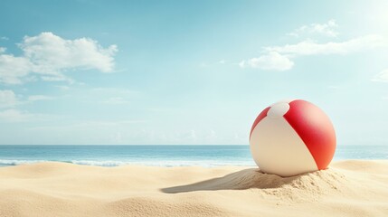 Obraz premium Holiday summer scene with beach ball and sand play, detailed beach ball with clear patchwork on a sculpted sand hill, radiant natural light from a cloudy sky casting soft tower shadows, tropical