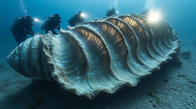 Underwater Adventures: Scuba Divers Explore Ocean Life and Marine Biology with Large Shells in Coastal Waters