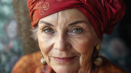 Realistic close-up photo of an elderly woman in ethnic red headwrap and cultural dress, warm expression