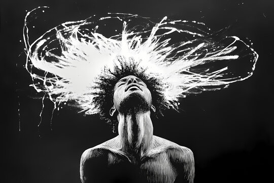 Man's exploding hair, black background, art