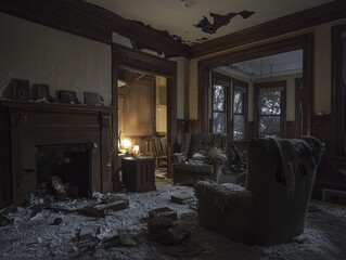 Unveiling shadows eerie abandoned living room haunted atmosphere high fidelity disturbing claw marks
