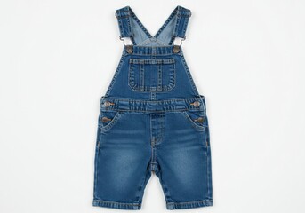 A denim overall shorts for kids with straps and pockets isolated on a white background studio shot