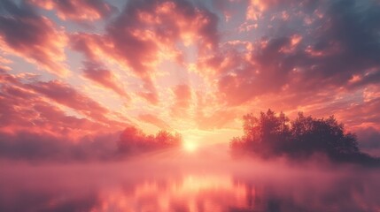 Fototapeta premium A serene sunset over a misty lake, with vibrant clouds reflecting warm hues, creating a tranquil and picturesque natural scene.