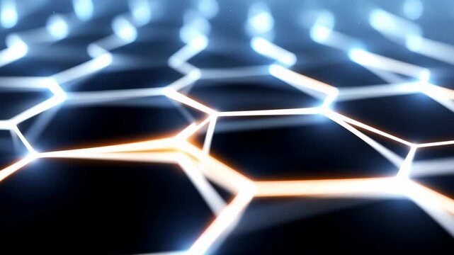 A close-up shows a glowing, interconnected hexagonal lattice structure on a dark background, possibly representing graphene.