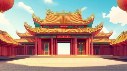 Fototapeta premium Vibrant Chinese temple gate entrance, artistically rendered.