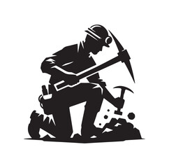 Mine worker, using a chisel and hammer silhouette vector illustration
