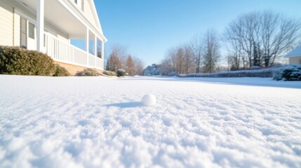 Snowy Winter Day in a Residential Neighborhood. A single snowball rests on a blanket of fresh snow in front of a house