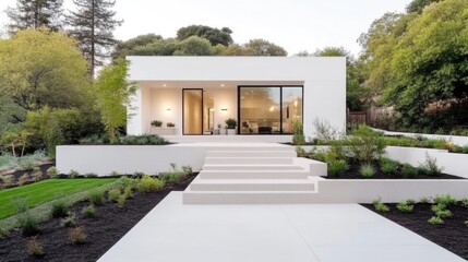 Modern, minimalist home exterior with landscaped tiered garden.  Exterior features clean lines, bright white walls, and large windows. 