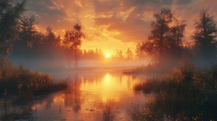 Fototapeta premium A serene landscape at sunset, featuring a misty river surrounded by trees and illuminated by warm golden light.