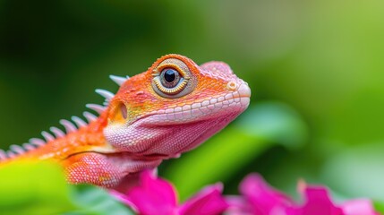 Fototapeta premium Close-up of a vibrant orange and pink lizard among pink flowers