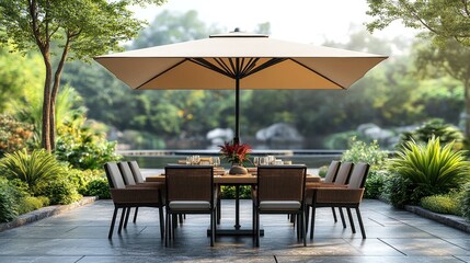 Obraz premium Patio dining set featuring a table, chairs, and a square umbrella on a white backdrop