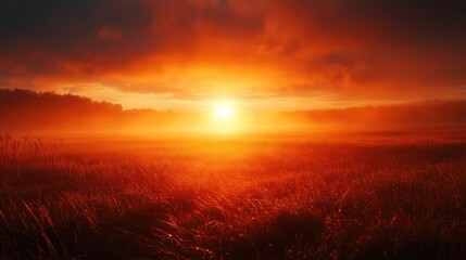 A stunning sunset casts a warm glow over a misty field, with vibrant orange and yellow hues illuminating the landscape.