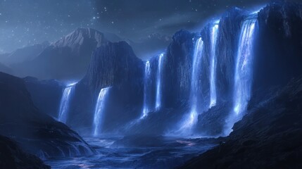 Mystical Cascades: A Mesmerizing Display of Illuminated Waterfalls under a Starry Sky