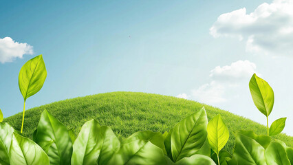 A beautiful green hill with trees under a blue sky with clouds