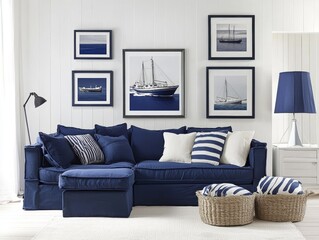 Coordinating navy blue and white decor in a living room home interior design relaxed atmosphere stylish aesthetic