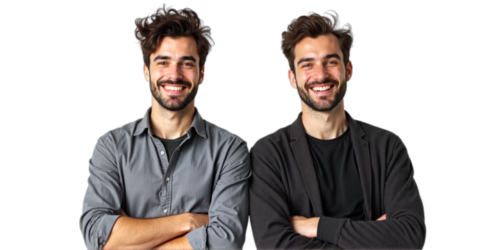 Two jovial men smiling, arms crossed, isolated on transparent background. Ideal for diverse marketing: team collaboration, friendship, business partnership, or casual lifestyle content.