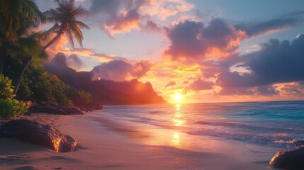 A stunning sunset over a tranquil beach, with palm trees silhouetted against colorful clouds and reflecting on the calm ocean waters.