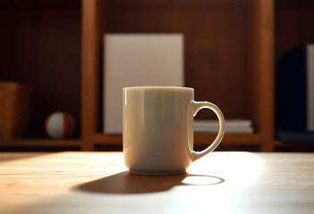 white coffee cup sitting on top of a wooden table