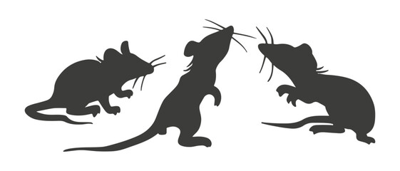 Mouse. Set of black isolated rats hand drawn spot silhouettes in different poses, emotions and movements. Contour free hand sketch of rodents for coloring books, postcards, printing