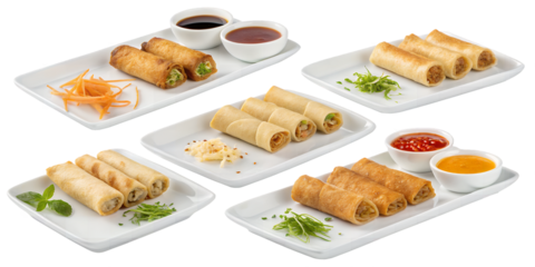 Spring Roll Delight: A culinary feast featuring a variety of spring rolls, artfully arranged on pristine plates, offering a delightful visual of texture and flavor combinations.