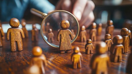 Target audience selection.  Detailed wooden figures examined through magnifying glass