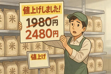 店員が、スーパーマーケットの米売り場で「値上げしました」と書かれた大きな看板を掲げているイラスト