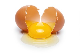 A cracked brown egg with a bright yellow yolk spilling out onto a white surface in a close up view