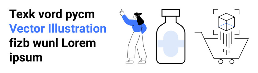 Woman pointing upward, medicine bottle, and 3D cube in a cart. Ideal for healthcare, e-commerce, innovation, technology, product marketing, medical apps simple landing page