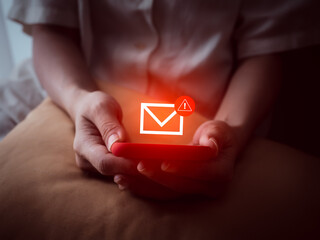 Scam alert concept, fraud sms, phishing from scammer. System hacked, red warning alert, email hack,...