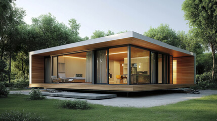 Modern prefabricated house with large windows in lush green setting