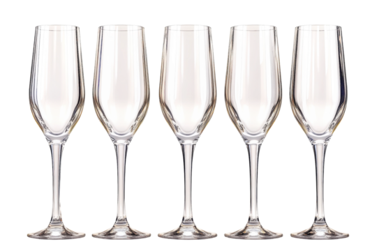 Elegant empty champagne flutes set of five sparkling glassware transparent background