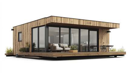 Fototapeta premium Modern prefabricated house with wooden exterior and large windows