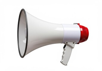 A white and red megaphone with a handle isolated on a white background in a studio shot