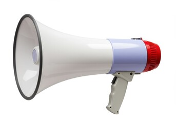 A white and blue megaphone with a red end isolated on a white background in a studio shot