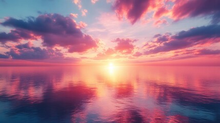 Fototapeta premium A stunning sunset over calm waters, with vibrant pink and purple clouds reflecting on the surface, creating a serene and picturesque atmosphere.