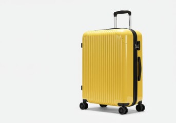 Fototapeta premium A bright yellow suitcase with black accents stands on a white background ready for travel plans ahead