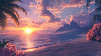 A stunning sunset over a serene beach, framed by palm trees and vibrant flowers, with majestic mountains in the background.