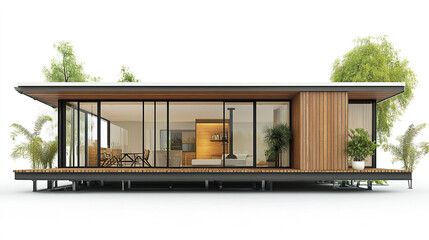 Fototapeta premium Modern prefabricated house with glass walls and wooden accents